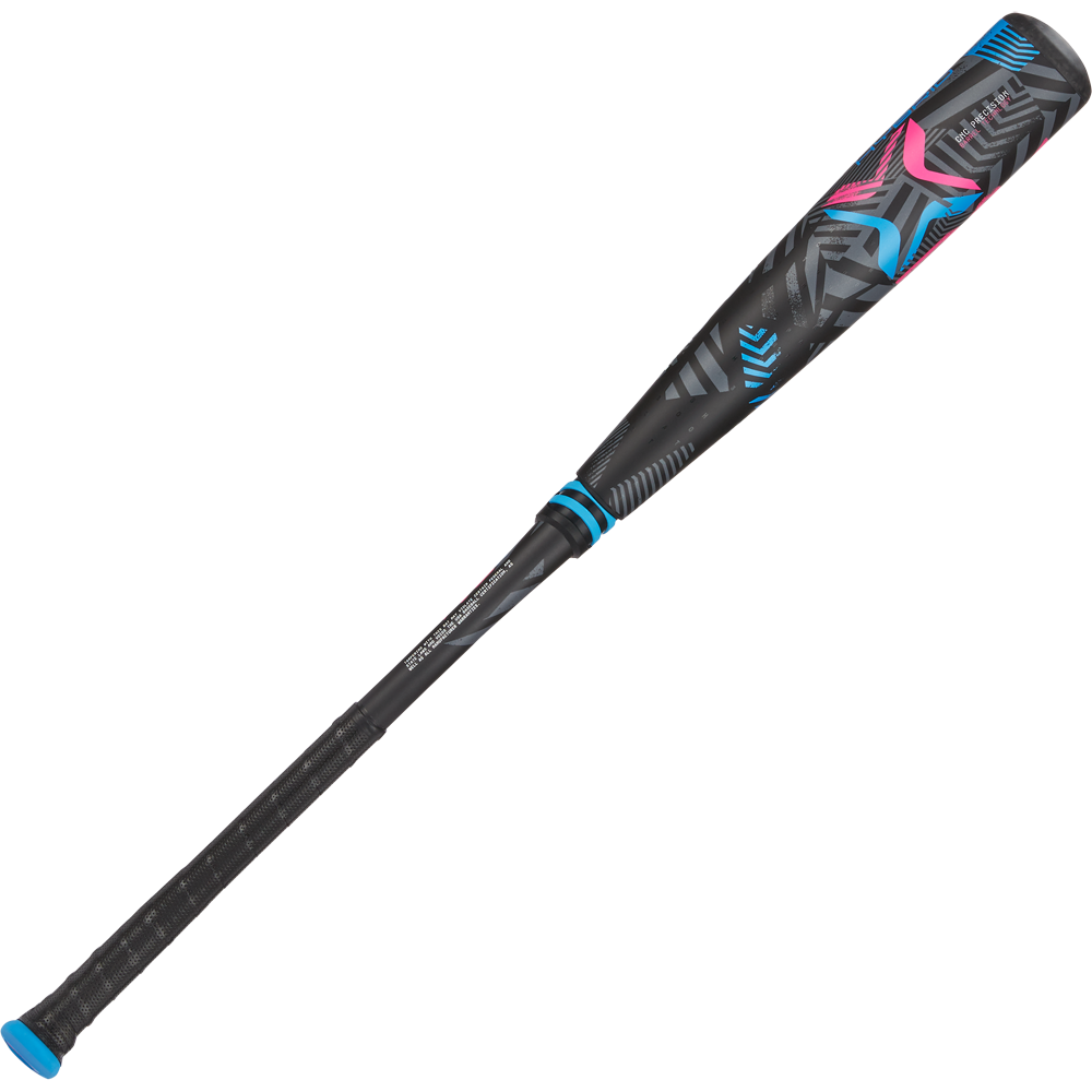 The 2024 AXE Avenge Pro 3 Hybrid (-8) USA Baseball Bat by AXE features black, blue, and pink colors, a textured grip handle, and a modern geometric barrel design—ideal for young players seeking a standout bat.