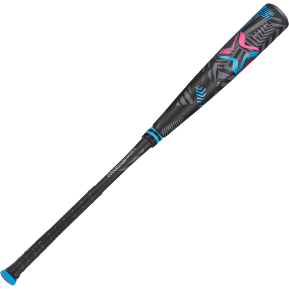 The 2024 AXE Avenge Pro 3 Hybrid (-8) USA Baseball Bat by AXE features black, blue, and pink colors, a textured grip handle, and a modern geometric barrel design—ideal for young players seeking a standout bat.