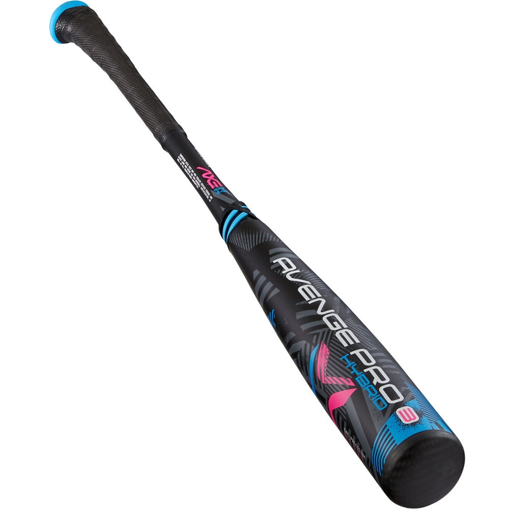 A black and blue 2024 AXE Avenge Pro 3 Hybrid (-8) USA Baseball Bat (L174M), featuring pink accents, a textured grip, and prominent AXE branding on the barrel, displayed against a white background.