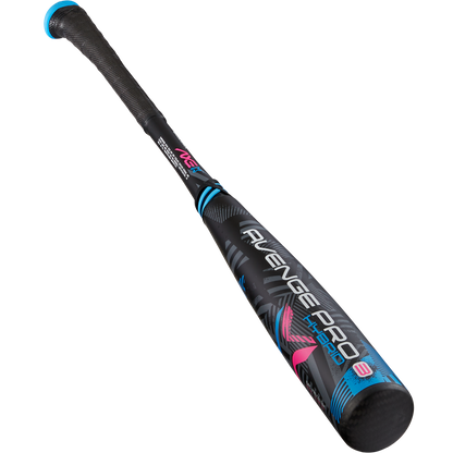 A black and blue 2024 AXE Avenge Pro 3 Hybrid (-8) USA Baseball Bat (L174M), featuring pink accents, a textured grip, and prominent AXE branding on the barrel, displayed against a white background.