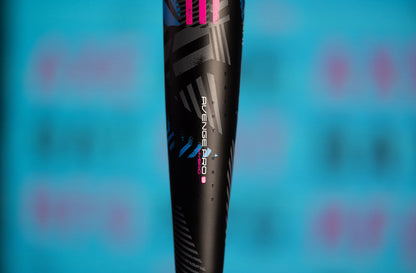 The 2024 AXE Avenge Pro 3 Hybrid (-8) USA Baseball Bat (L174M) features a bold black, pink, and blue design.