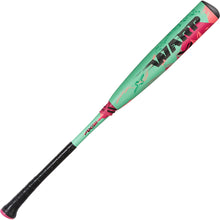 The 2025 AXE Warp (-5) 2 3/4" USSSA Baseball Bat (L199P-FLR) features a green and pink design with black grip, bold WARP lettering on the barrel, and extra pink graphic accents.