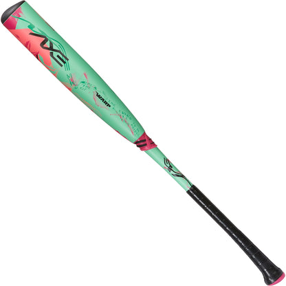 The 2025 AXE Warp (-5) 2 3/4" USSSA Baseball Bat: L199P-FLR features a green and pink design with geometric patterns, a black grip, and the AXE brand name displayed on the barrel.