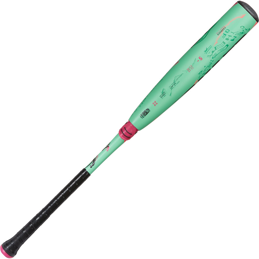 A turquoise and pink 2025 AXE Warp (-5) 2 3/4" USSSA Baseball Bat (L199P-FLR) with black grip tape on the handle, featuring various graphics and text along the barrel.