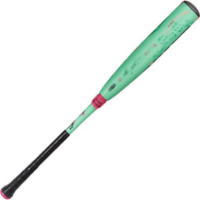 A turquoise and pink 2025 AXE Warp (-5) 2 3/4" USSSA Baseball Bat (L199P-FLR) with black grip tape on the handle, featuring various graphics and text along the barrel.