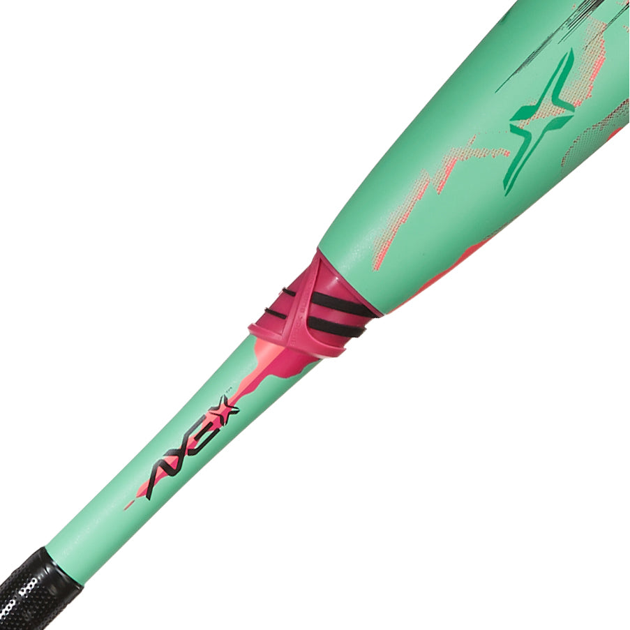 Close-up of the 2025 AXE Warp (-5) 2 3/4" USSSA Baseball Bat (L199P-FLR) in green and pink, featuring black grip tape on the handle and an AXE logo near the taper.