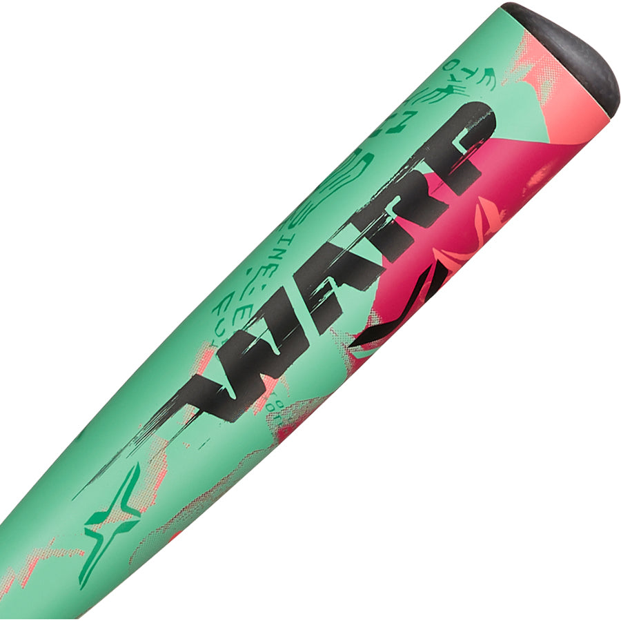 Close-up of the 2025 AXE Warp (-5) 2 3/4" USSSA Baseball Bat (L199P-FLR) by AXE, showcasing a green and pink gradient design with bold WARPATH text and abstract graphics along the barrel.
