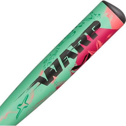 Close-up of the 2025 AXE Warp (-5) 2 3/4" USSSA Baseball Bat (L199P-FLR) by AXE, showcasing a green and pink gradient design with bold WARPATH text and abstract graphics along the barrel.