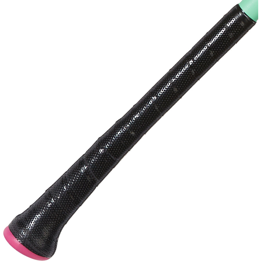 A close-up of the AXE 2025 Warp (-5) 2 3/4" USSSA Baseball Bat (L199P-FLR) handle, featuring a textured black grip, flared pink end cap, and a hint of mint green at the top.
