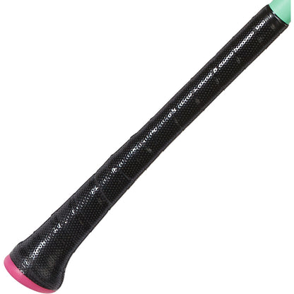A close-up of the AXE 2025 Warp (-5) 2 3/4" USSSA Baseball Bat (L199P-FLR) handle, featuring a textured black grip, flared pink end cap, and a hint of mint green at the top.
