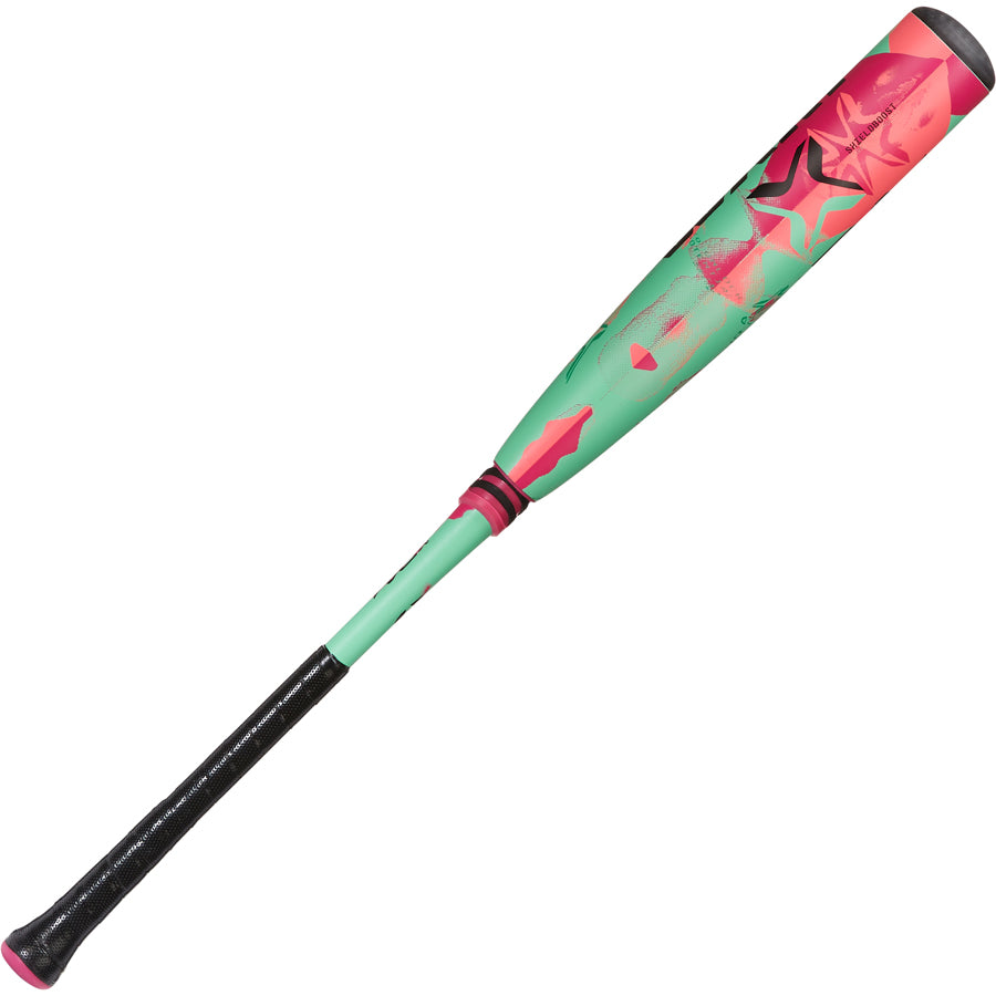 The 2025 AXE Warp (-5) 2 3/4" USSSA Baseball Bat (L199P-FLR) by AXE features a black grip, mint green handle, and a pink/green geometric barrel design for standout style and high performance on the field.