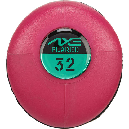 A round, pink object with a green and black AXE label reading FLARED 32 in the center, its textured surface linking it to the 2025 AXE Warp (-5) USSSA Baseball Bat: L199P-FLR, shown clearly against a white background.