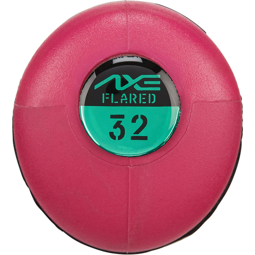 A round, red grip knob labeled "AXE FLARED 32" with a green and black sticker in the center, viewed from above on a white background, appears on the 2025 AXE Warp (-8) 2 3/4" USSSA Baseball Bat: L173P-FLR by AXE.