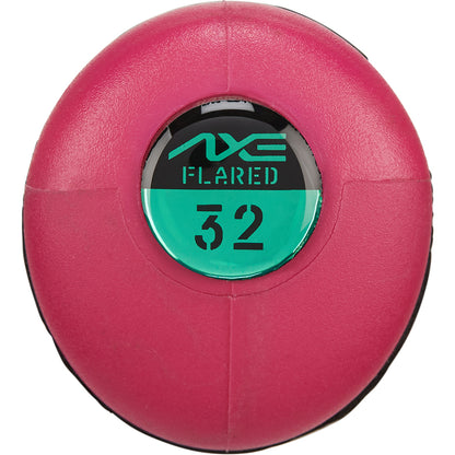 A round, red grip knob labeled "AXE FLARED 32" with a green and black sticker in the center, viewed from above on a white background, appears on the 2025 AXE Warp (-8) 2 3/4" USSSA Baseball Bat: L173P-FLR by AXE.