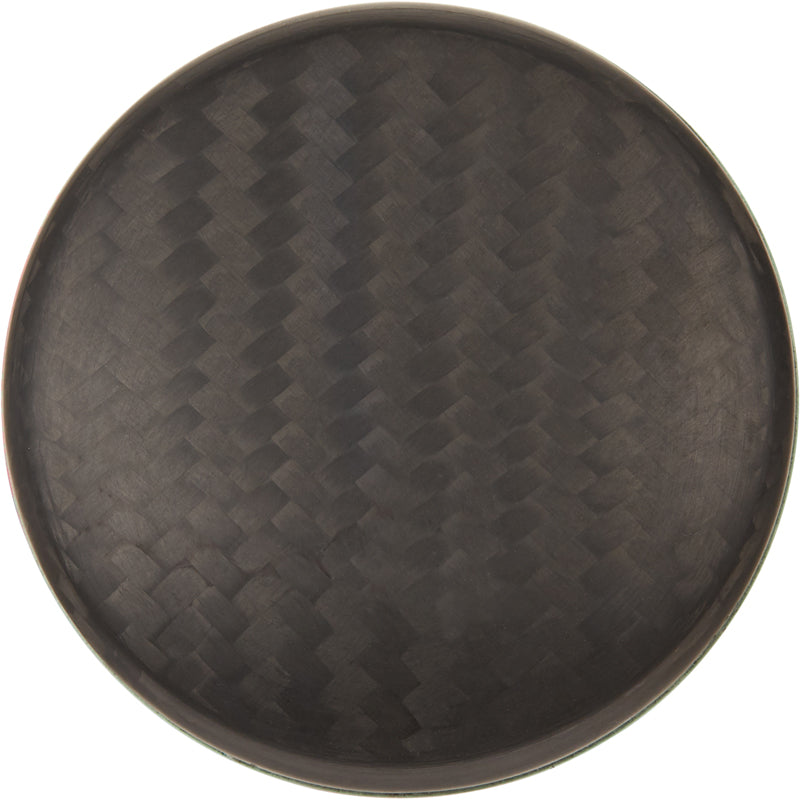A round, dark plate with a subtle woven pattern and matte finish, reminiscent of the carbon fiber on the 2025 AXE Warp (-8) 2 3/4" USSSA Baseball Bat: L173P-FLR. The design features a slightly lighter weave, echoing AXE’s signature style.