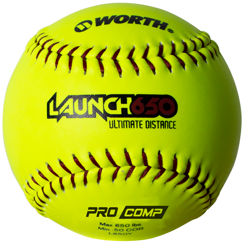 The Worth Launch 650 Ultimate Distance 12" 50/650 Composite Slowpitch Softball (L650Y) features a bright yellow cover, red stitching, and displays "Worth", "Launch 650", and specs like Max 650 lbs and .50 COR—ideal for home run derby or slowpitch games.