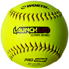 The Worth Launch 650 Ultimate Distance 12" 50/650 Composite Slowpitch Softball (L650Y) features a bright yellow cover, red stitching, and displays "Worth", "Launch 650", and specs like Max 650 lbs and .50 COR—ideal for home run derby or slowpitch games.