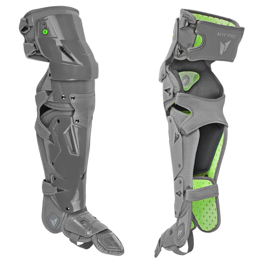 The All Star MVP Pro Catcher's Leg Guards: LG-5 by All Star are grey and green adult leg guards with a pivot hinge, adjustable straps, hard shell, and padded lining for knee-down protection, shown from the front and side.