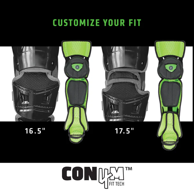 A graphic displays three All Star MVP Pro Catcher's Leg Guards (LG-5) in black and green, with adjustable lengths—16.5", 17.5", and 18.5"—highlighting "Customize Your Fit," the CON4M Fit Tech logo, and a pivoting hinge system for flexibility.