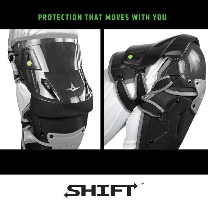 A close-up of the All Star MVP Pro Catcher's Leg Guards: LG-5 highlights the pivoting hinge system by All Star for enhanced mobility and one-knee-down protection.