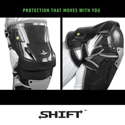 A close-up of the All Star MVP Pro Catcher's Leg Guards: LG-5 highlights the pivoting hinge system by All Star for enhanced mobility and one-knee-down protection.