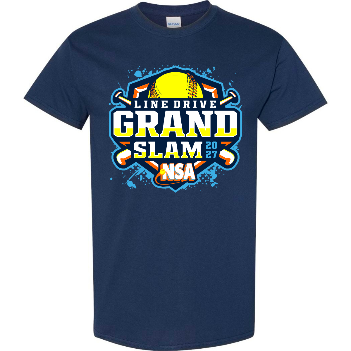 Navy blue cotton blend 2027 NSA Line Drive Grand Slam Fastpitch Tournament Shirt with a chest graphic of a yellow softball, two crossed bats, and the text Line Drive Grand Slam 2027 NSA.