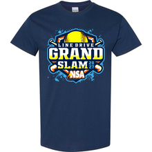 Navy blue cotton blend 2027 NSA Line Drive Grand Slam Fastpitch Tournament Shirt with a chest graphic of a yellow softball, two crossed bats, and the text Line Drive Grand Slam 2027 NSA.