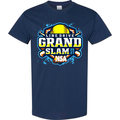 Navy blue cotton blend 2027 NSA Line Drive Grand Slam Fastpitch Tournament Shirt with a chest graphic of a yellow softball, two crossed bats, and the text Line Drive Grand Slam 2027 NSA.