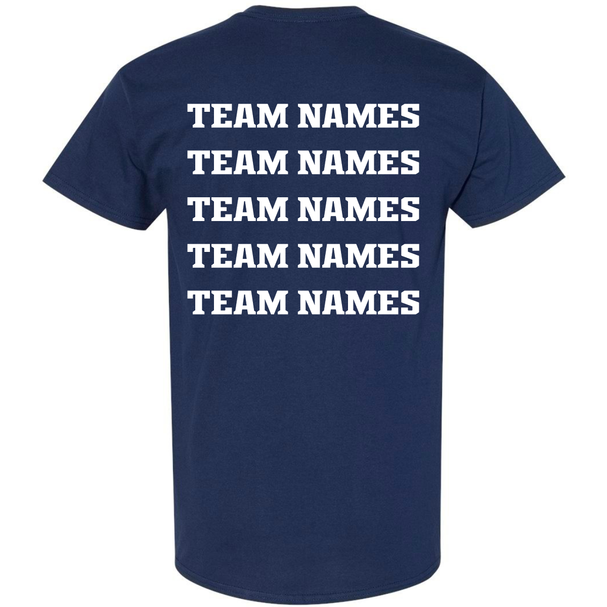 Navy blue cotton blend short-sleeved 2027 NSA Line Drive Grand Slam Fastpitch Tournament Shirt with the words TEAM NAMES printed in white block letters across the back five times.