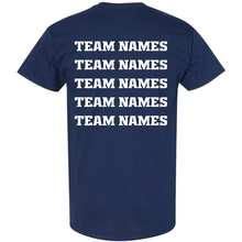 Navy blue cotton blend short-sleeved 2027 NSA Line Drive Grand Slam Fastpitch Tournament Shirt with the words TEAM NAMES printed in white block letters across the back five times.