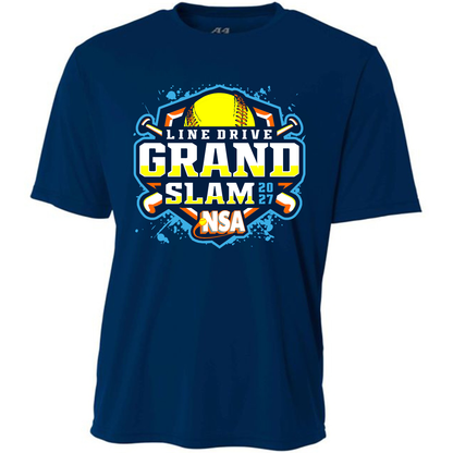 Navy blue short-sleeve cotton blend 2027 NSA Line Drive Grand Slam Fastpitch Tournament shirt with a graphic featuring a yellow softball and crossed bats.