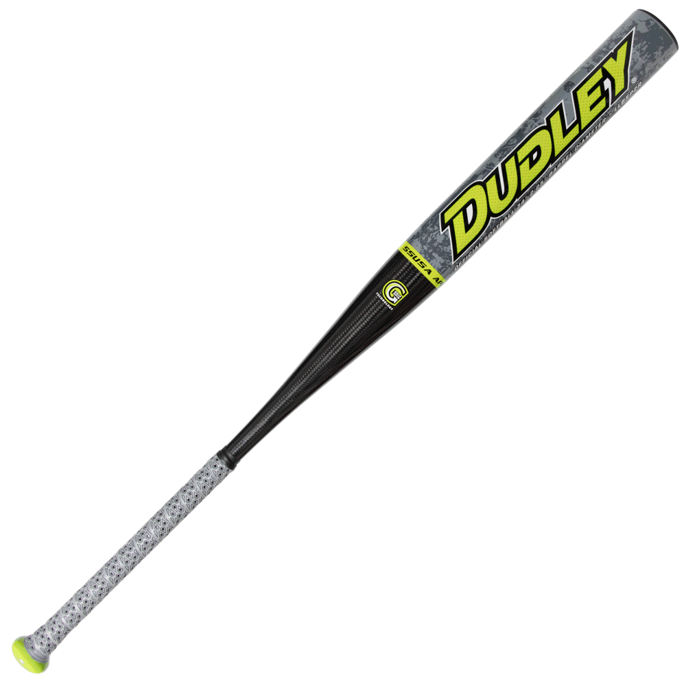 The 2026 Dudley Lightning Legend Retro 2.0 LLBSP2R is a gray and black metal balanced slowpitch softball bat with a patterned grip and "DUDLEY" in large yellow letters on the barrel.