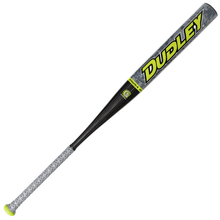 The 2026 Dudley Lightning Legend Retro 2.0 LLBSP2R is a gray and black metal balanced slowpitch softball bat with a patterned grip and "DUDLEY" in large yellow letters on the barrel.