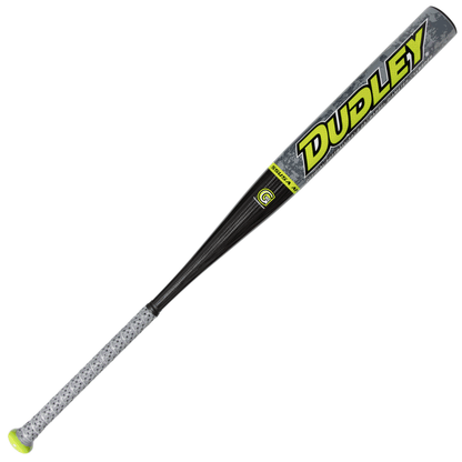 The 2026 Dudley Lightning Legend Retro 2.0 LLBSP2R is a gray and black metal balanced slowpitch softball bat with a patterned grip and "DUDLEY" in large yellow letters on the barrel.