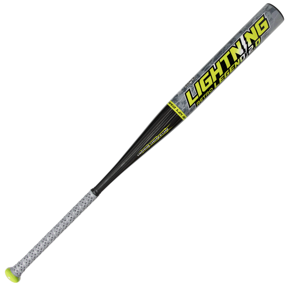 The Dudley 2026 Lightning Legend Retro 2.0 is a balanced SSUSA senior slowpitch bat featuring a gray and black design with yellow accents, "LIGHTNING BATCO LEGEND 2.0" on the barrel, and a patterned gray grip for superior handling.