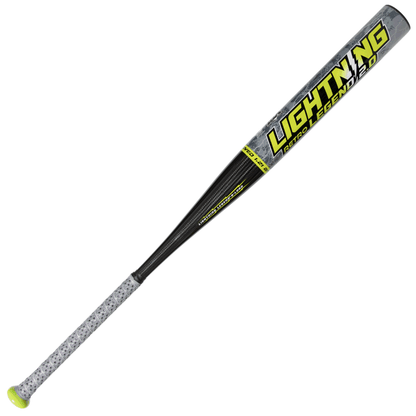 The Dudley 2026 Lightning Legend Retro 2.0 is a balanced SSUSA senior slowpitch bat featuring a gray and black design with yellow accents, "LIGHTNING BATCO LEGEND 2.0" on the barrel, and a patterned gray grip for superior handling.