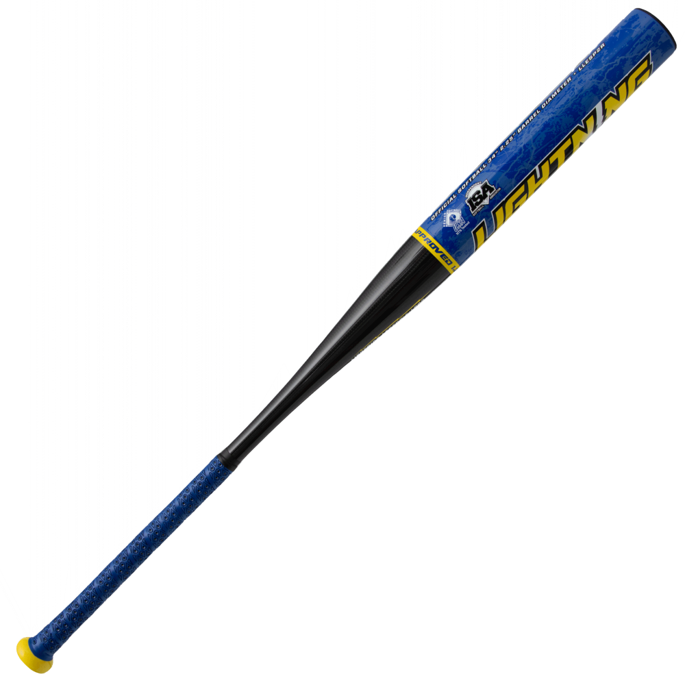 The Dudley 2026 Lightning Legend Retro 2.0 12" Endload SSUSA Senior Slowpitch Softball Bat (LLESP2R) is blue and black with bold yellow LIGHTNING lettering, a yellow knob, and a textured blue grip.
