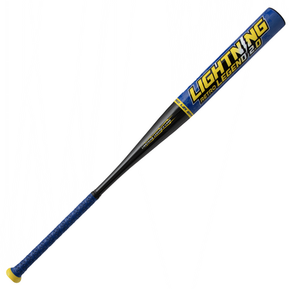 A Dudley 2026 Lightning Legend Retro 2.0 12" Endload SSUSA Senior Slowpitch Softball Bat (LLESP2R) featuring a blue handle and barrel, yellow end cap, and "LIGHTNING RETRO LEGEND 2.0" printed in bold yellow and white on the barrel.