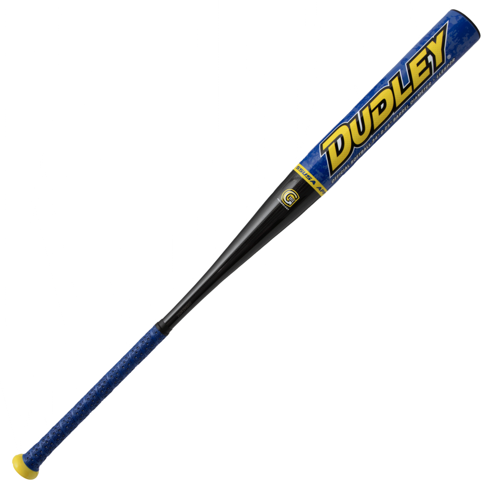 The 2026 Dudley Lightning Legend Retro 2.0 12" Endload SSUSA Senior Slowpitch Softball Bat (LLESP2R) features a blue and black design with a yellow knob, grip, and large DUDLEY lettering—built for powerful swings.