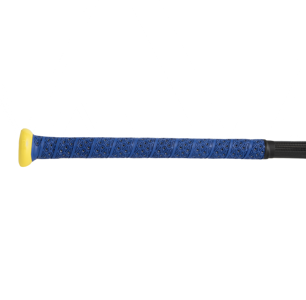 A close-up of the Dudley 2026 Lightning Legend Retro 2.0 Senior Softball Bat (LLESP2R) handle, featuring blue grip tape with black patterns and a yellow knob, set against a white background.