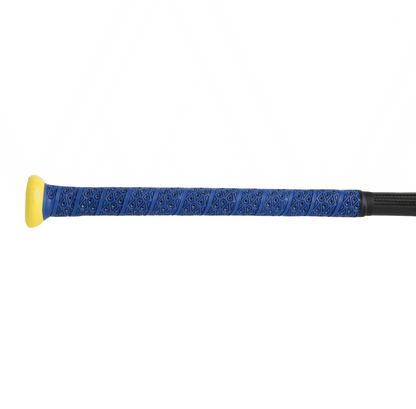 A close-up of the Dudley 2026 Lightning Legend Retro 2.0 Senior Softball Bat (LLESP2R) handle, featuring blue grip tape with black patterns and a yellow knob, set against a white background.