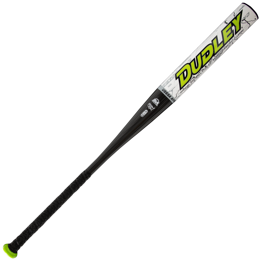 2026 Dudley Lightning Legend 12″ Endloaded NSA USSSA Slowpitch Softball Bat: LLESPU featuring a lime green end cap and a barrel with a white graphic and yellow lettering.