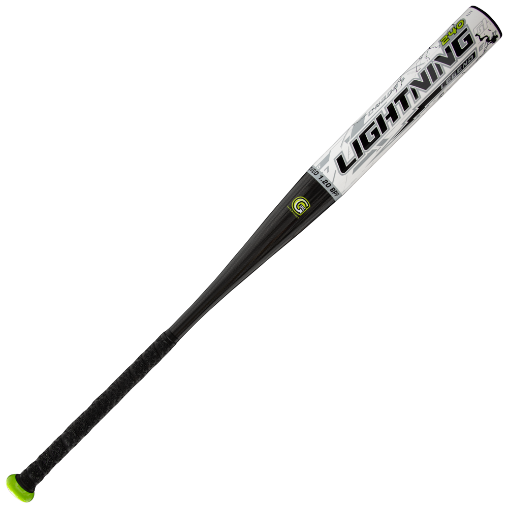 2026 Dudley Lightning Legend 12″ Endloaded NSA USSSA Slowpitch Softball Bat: LLESPU with a black handle, black barrel, and white graphics featuring the word Lightning.