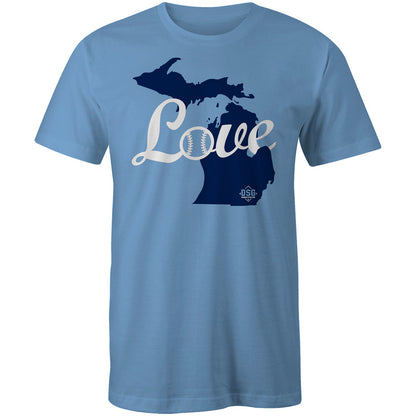 The DSG Apparel Love (Michigan) T-Shirt (DSG-LOVE-MI) features a light blue, pre-shrunk cotton design with Michigan’s peninsulas outlined in dark blue and "Love" in white script, the "O" styled with a baseball pattern.