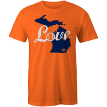The DSG Apparel Love (Michigan) T-Shirt features a blue Michigan silhouette with "Love" in white script, the "o" as a baseball, on an orange, pre-shrunk cotton tee. Product: DSG-LOVE-MI by DSG Apparel.