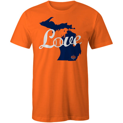 The DSG Apparel Love (Michigan) T-Shirt features a blue Michigan silhouette with "Love" in white script, the "o" as a baseball, on an orange, pre-shrunk cotton tee. Product: DSG-LOVE-MI by DSG Apparel.