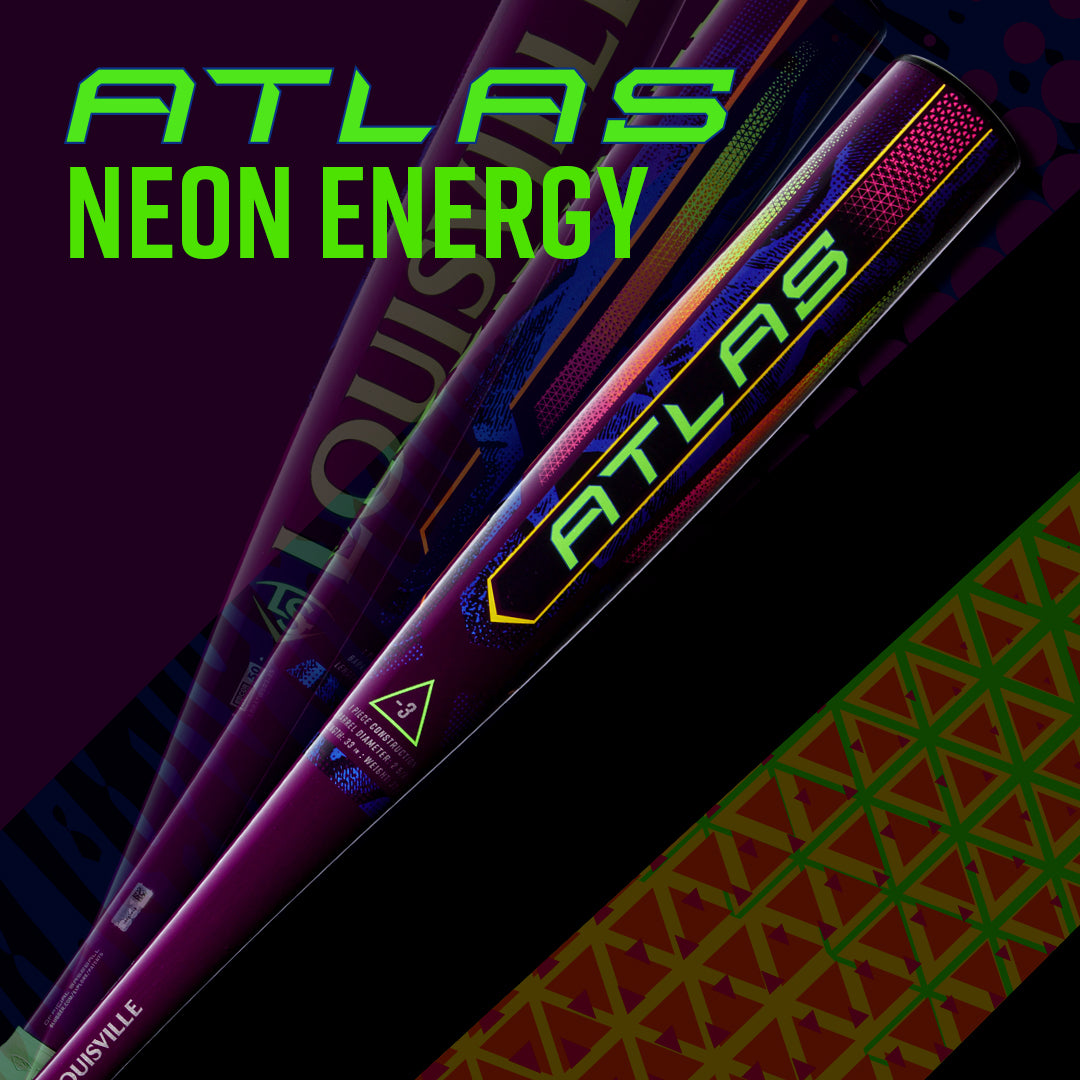 A close-up of the 2025 Louisville Slugger Atlas Neon Energy (-3) BBCOR Baseball Bat (WBL4164010) shows vibrant neon graphics and bold “ATLAS” and “Neon Energy” text in neon green on a dark background.