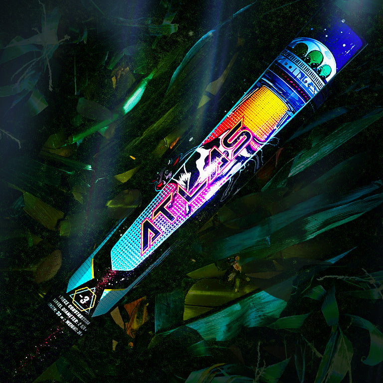 The 2026 Louisville Slugger Atlas A51 (-3) BBCOR Baseball Bat (WBL4180010) features vibrant neon graphics and a sci-fi design in purple, pink, and blue, making it stand out boldly against green foliage.