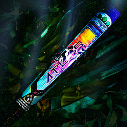 The 2026 Louisville Slugger Atlas A51 (-3) BBCOR Baseball Bat (WBL4180010) features vibrant neon graphics and a sci-fi design in purple, pink, and blue, making it stand out boldly against green foliage.