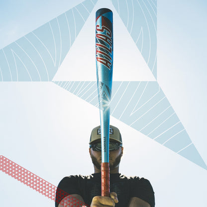 A person in sunglasses and a cap holds the 2026 Louisville Slugger Atlas (-3) BBCOR Baseball Bat (WBL4116010) vertically, making the bat the focal point amid abstract geometric patterns on a bright, sunlit background.